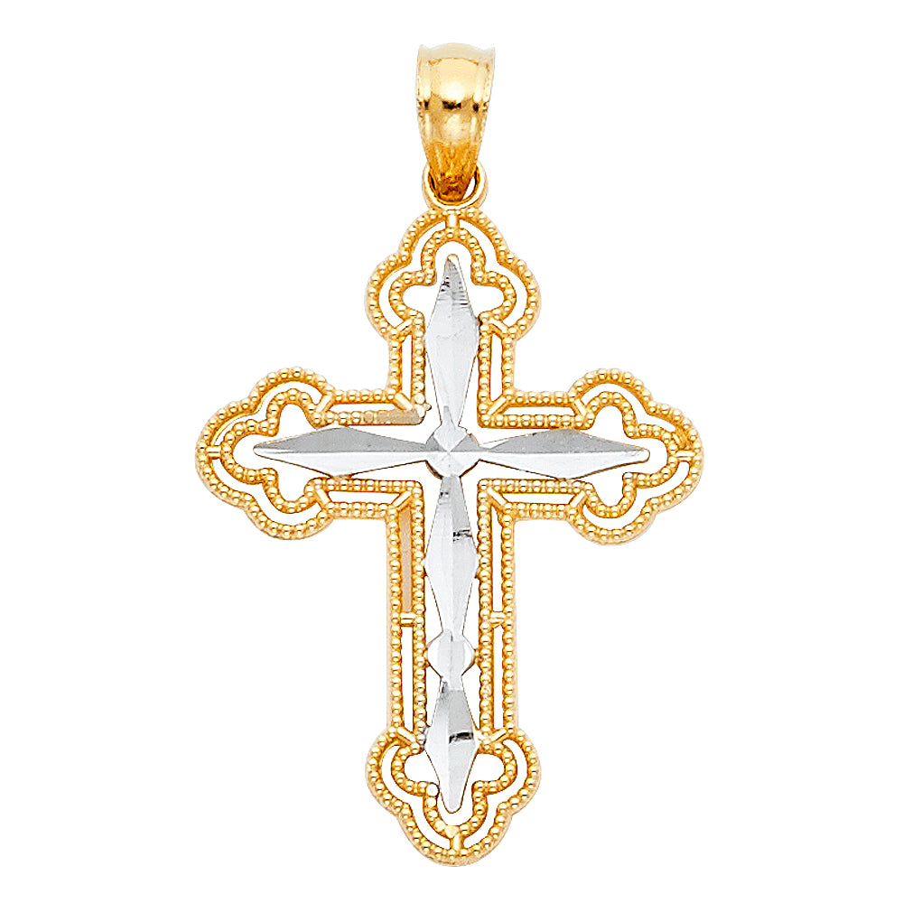14K Two-Tone Gold Filigree Diamond-Cut Cross Pendant aprox 1" tall