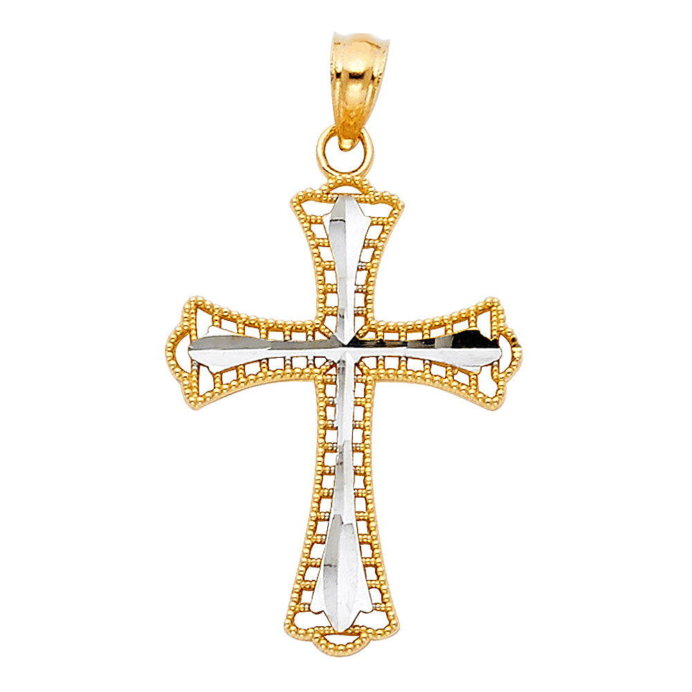 14K Two-Tone Gold Filigree Diamond-Cut Cross Pendant aprox 1" tall