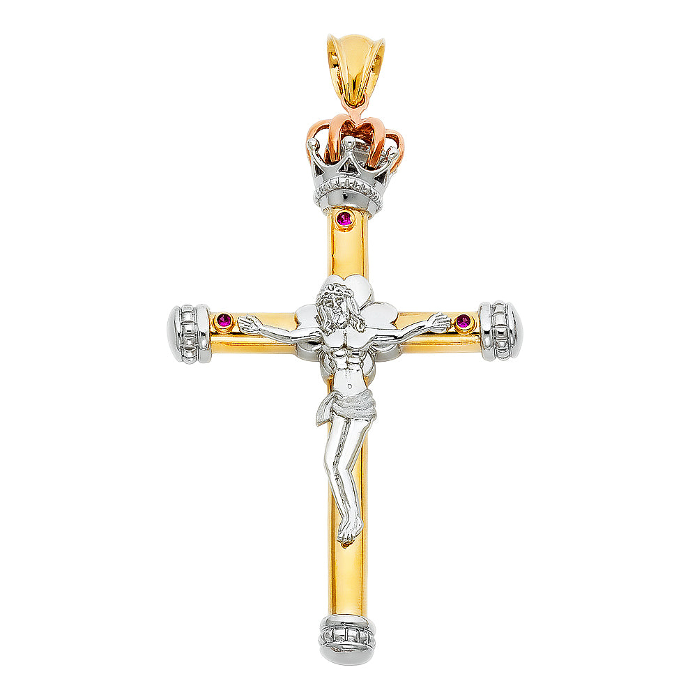 14K Tri-Color Gold High-Polished Crucifix Pendant with Synthetic Red Ruby CZ aprox 2 3/4" tall