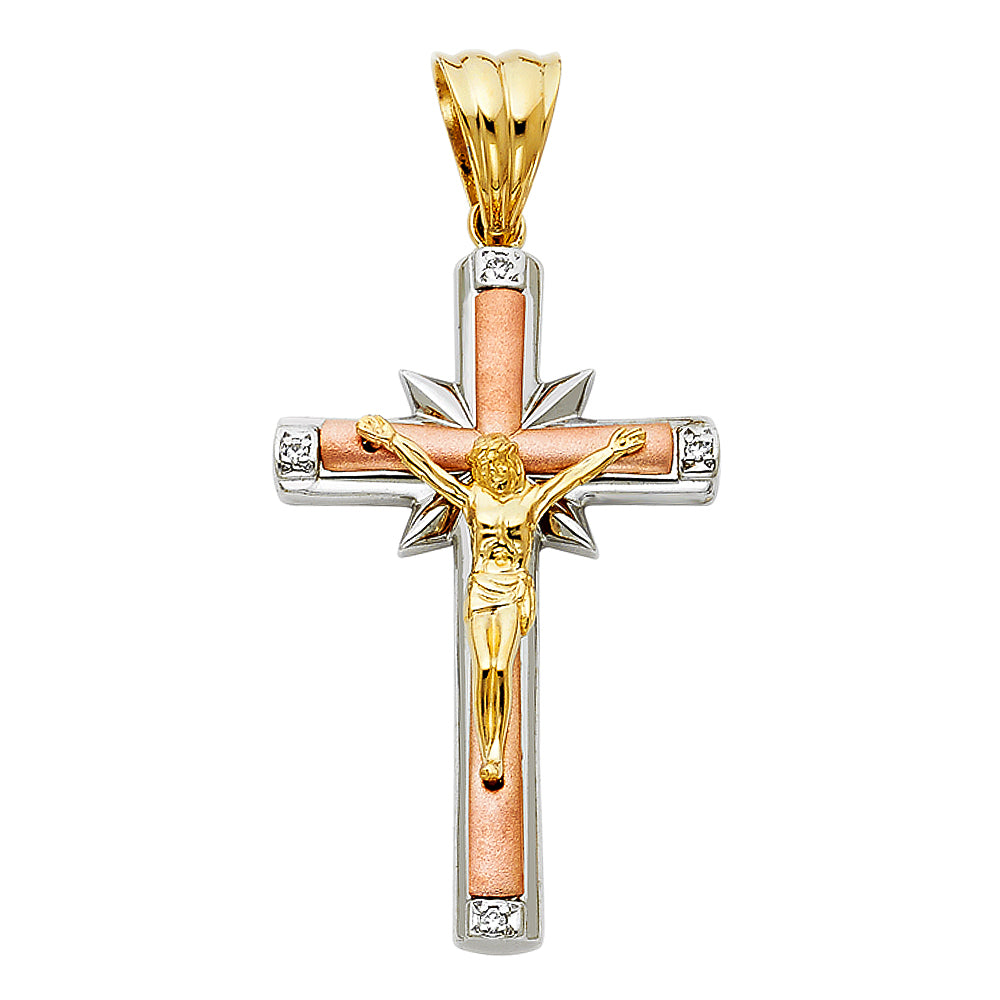 14K Tri-Color Gold CZ Crucifix Pendant aprox 1 3/4" tall