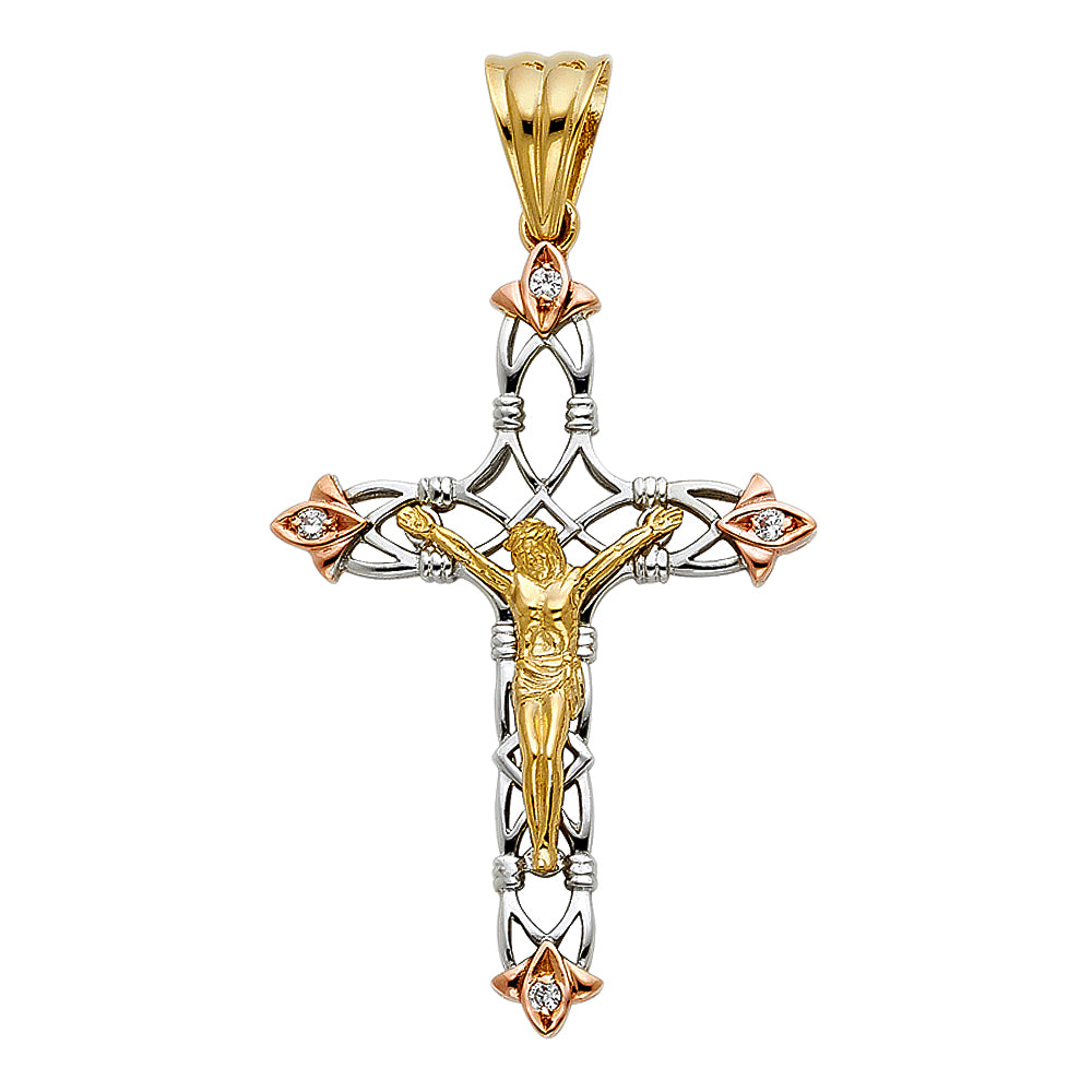 14K Tri-Color Gold CZ Filigree Crucifix Pendant aprox 2" tall