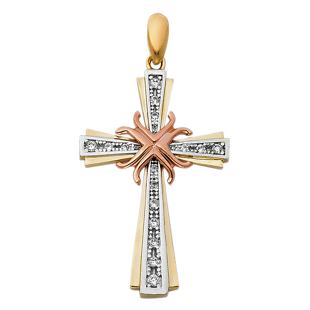 14K Tri-Color Gold CZ Cross Pendant aprox 1 1/4" tall