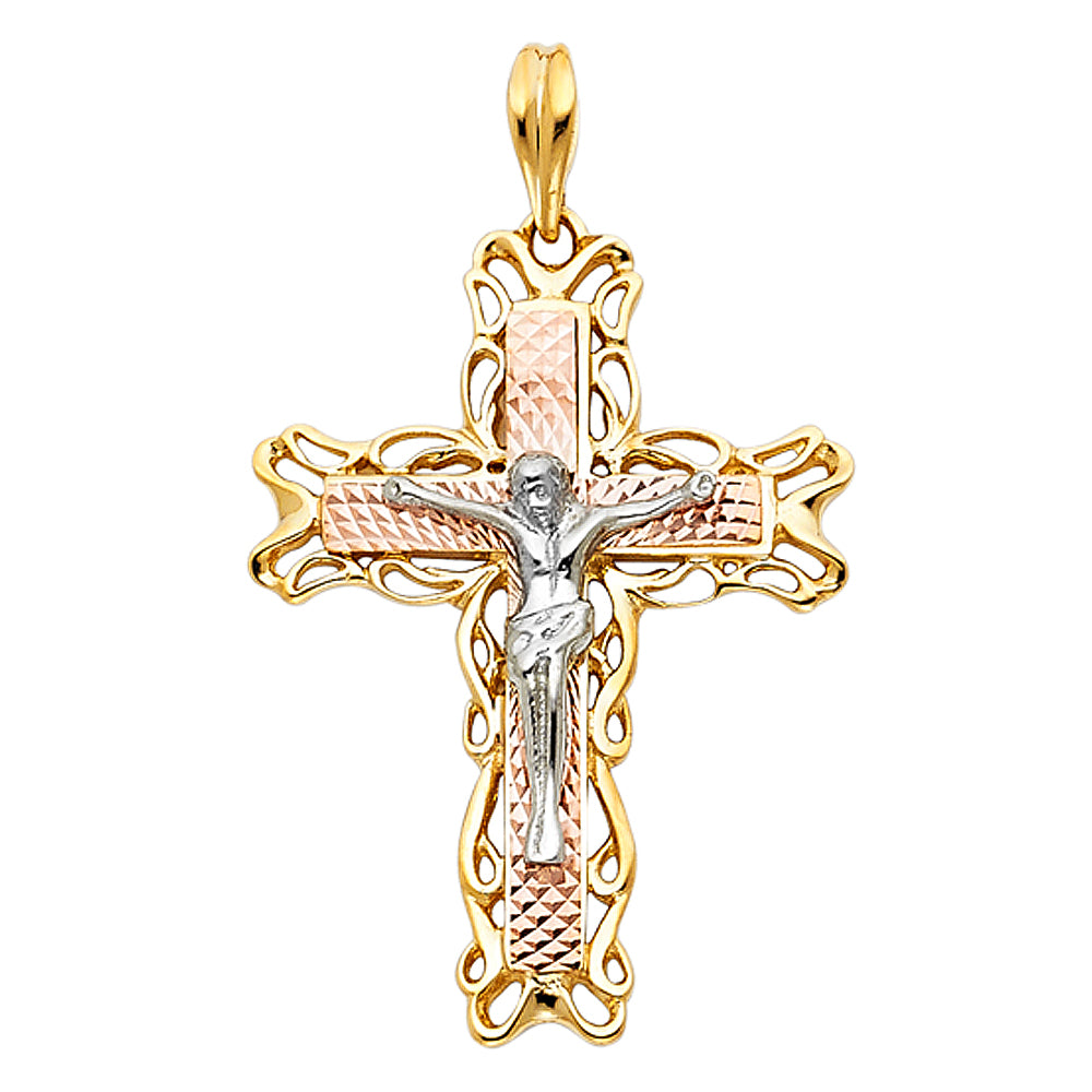 14K Tri-Color Gold Filigree Design Crucifix Pendant aprox 1 1/4" tall
