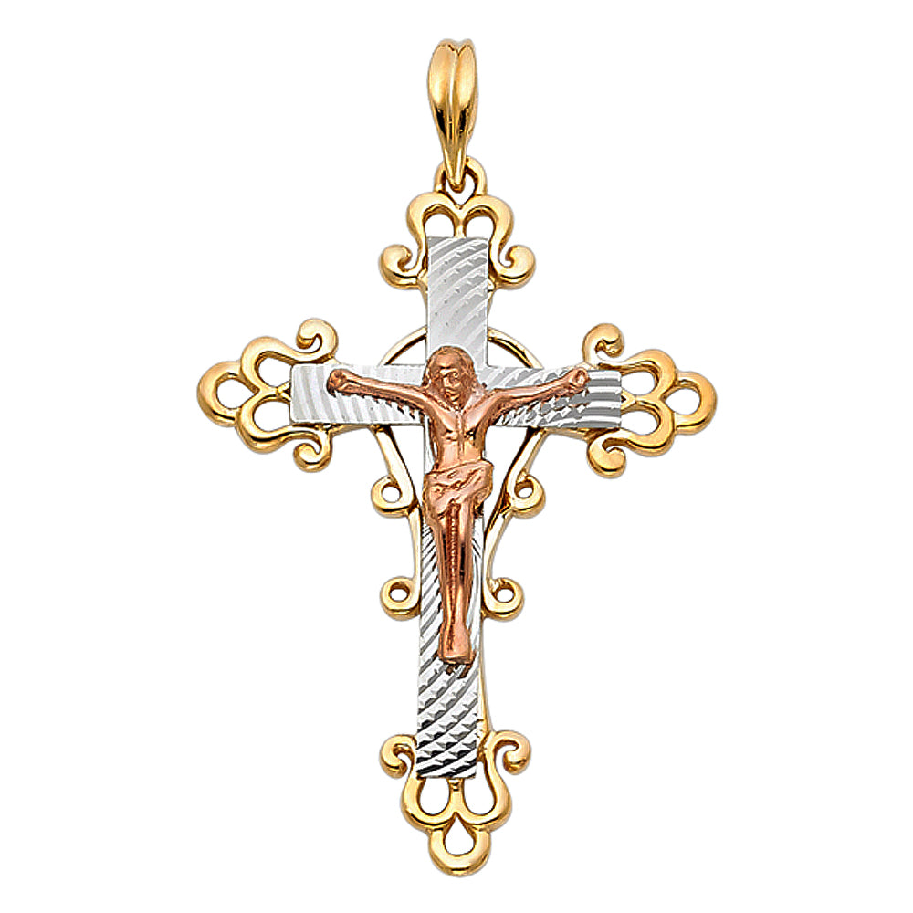 14K Tri-Color Gold Crucifix Pendant 1 1/2" tall