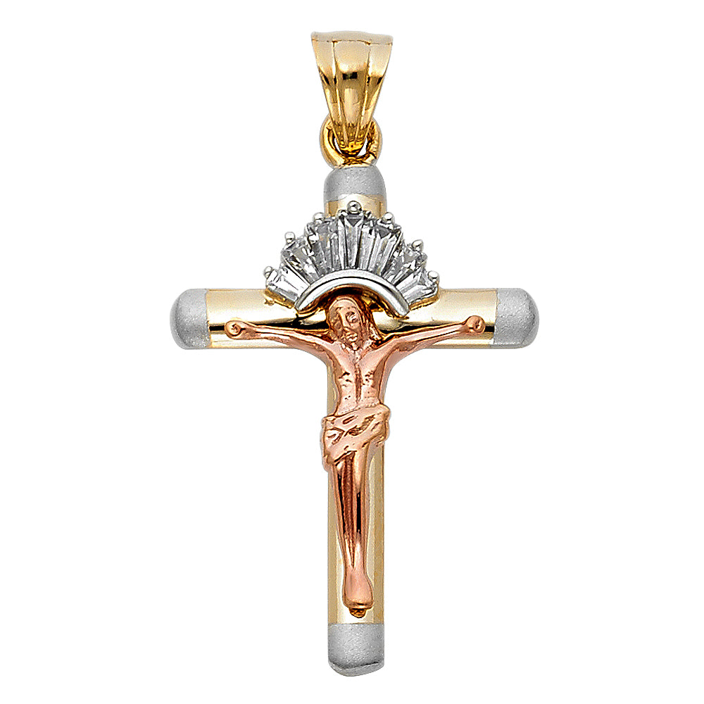 14K Tri-Color Gold CZ Crucifix Pendant aprox 1" tall