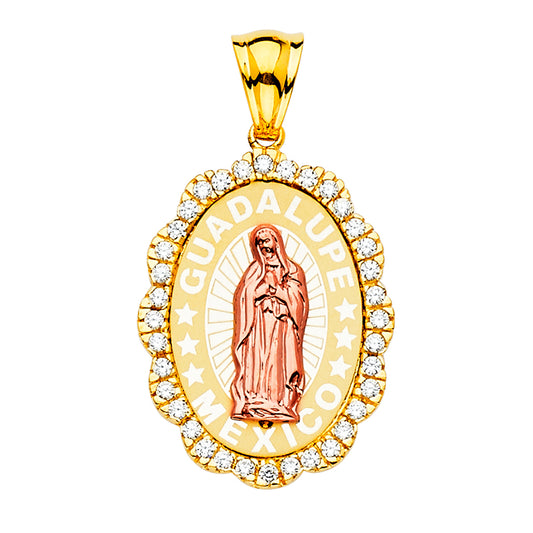 14K Tri-Color Gold Guadalupe Medal Pendant with Cubic Zirconia Halo