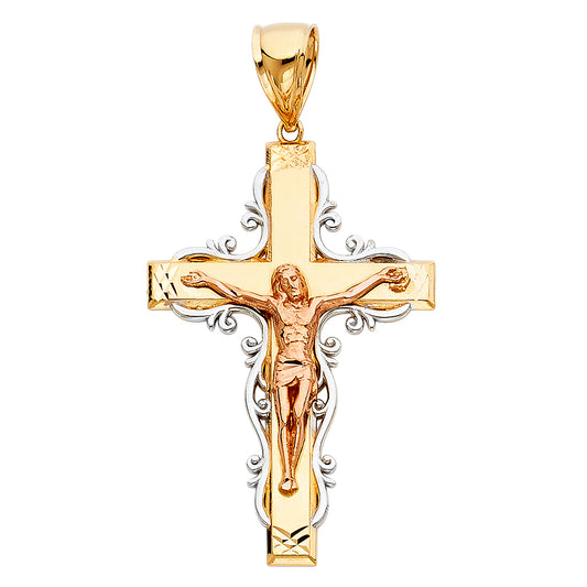 14K Tri-Color Gold Ornate Crucifix Pendant