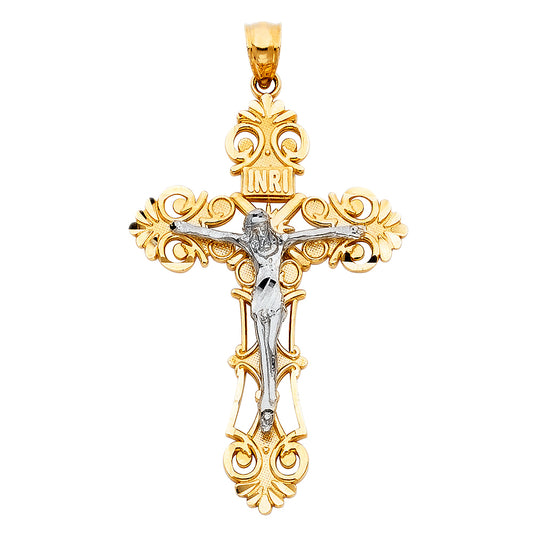 14K Two-Tone Gold Ornate Crucifix Pendant