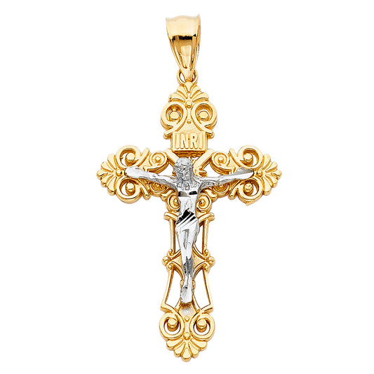 14K Two-Tone Gold Ornate Crucifix Pendant