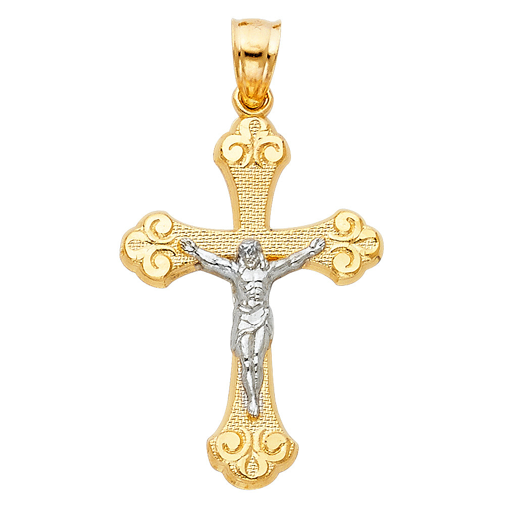 14K Two-Tone Gold Ornate Textured Crucifix Pendant