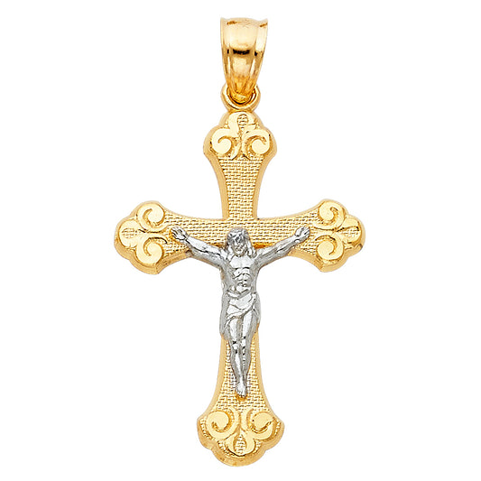 14K Two-Tone Gold Ornate Textured Crucifix Pendant