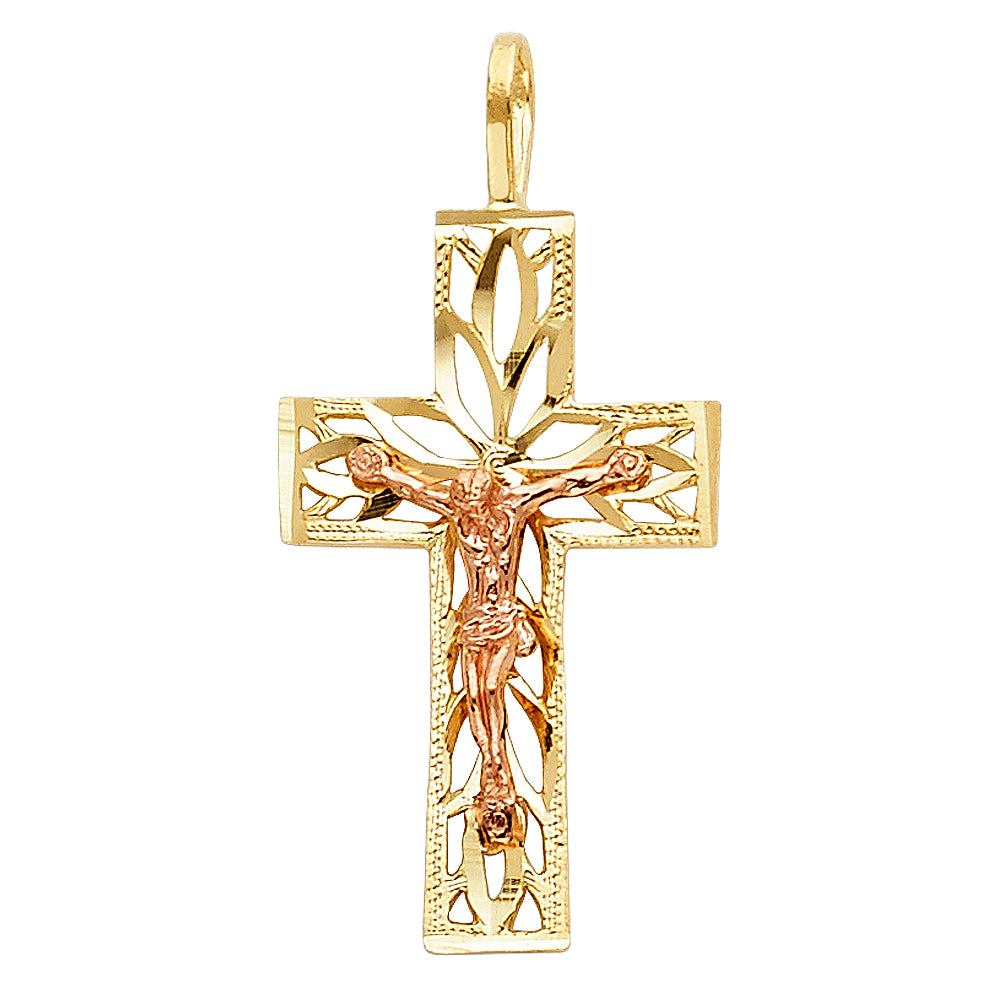 14K Two-Tone Gold Leaf Design Crucifix Pendant aprox 1" tall