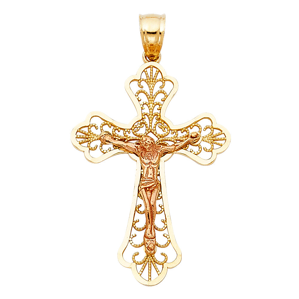 14K Two-Tone Gold Filigree Crucifix Pendant