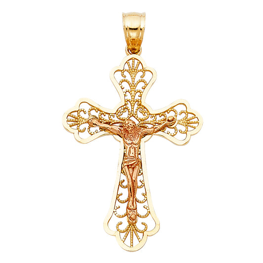 14K Two-Tone Gold Filigree Crucifix Pendant