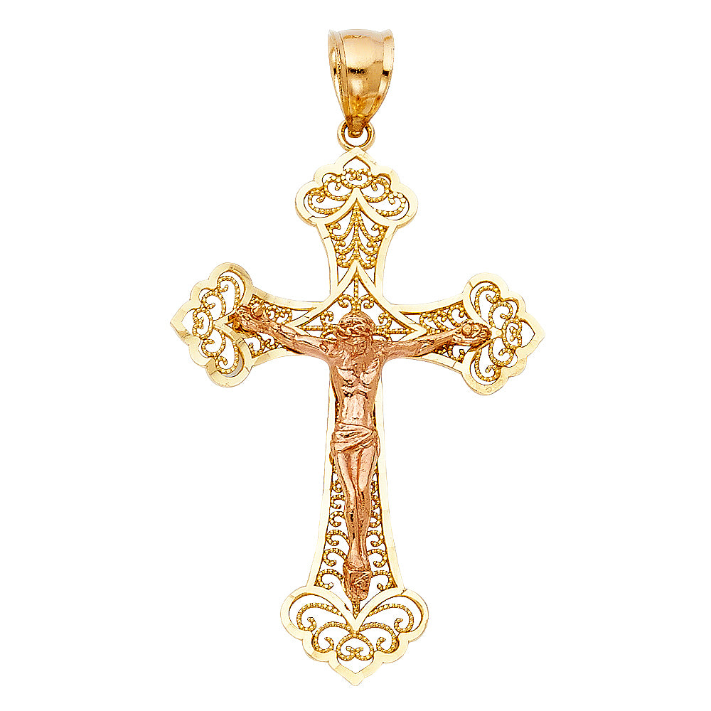 14K Two-Tone Gold Ornate Filigree Crucifix Pendant