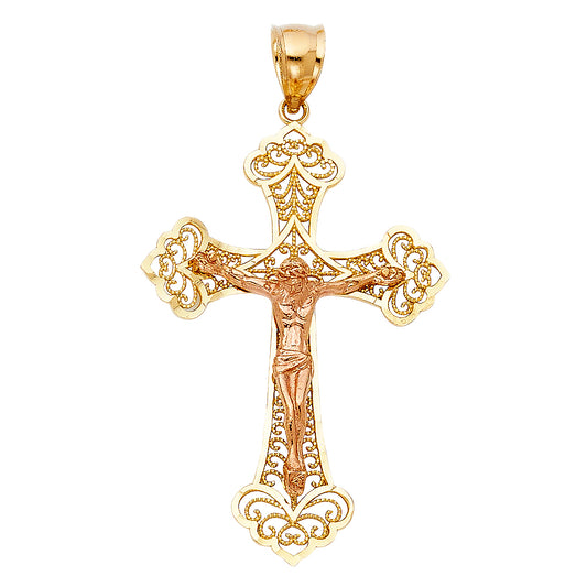 14K Two-Tone Gold Ornate Filigree Crucifix Pendant