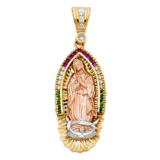 14K Tri-Color Gold Virgen de Guadalupe Medium Pendant with Multicolor CZ Stones