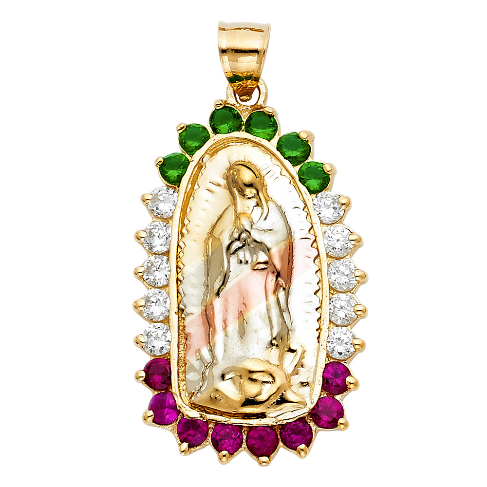 14K Tri-Color Gold Guadalupe Pendant with Red, White & Green Gem Halo