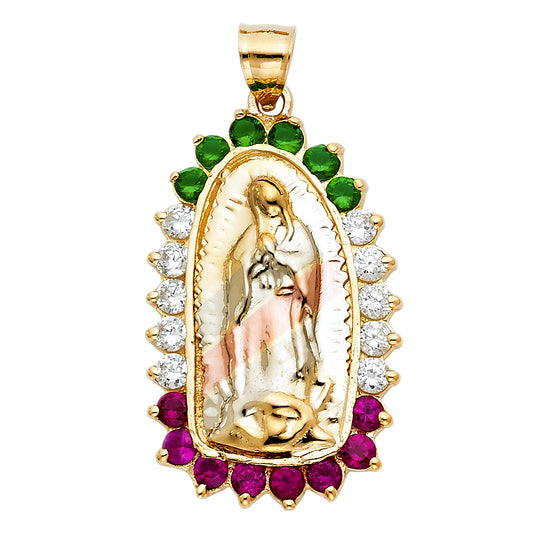14K Tri-Color Gold Guadalupe Pendant with Red, White & Green Gem Halo