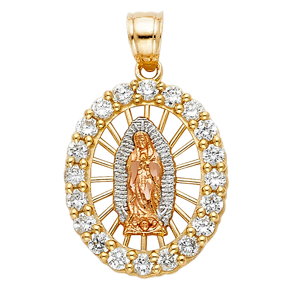 14K Tri-Color Gold Our Lady of Guadalupe Oval Halo Small Pendant with CZ Border