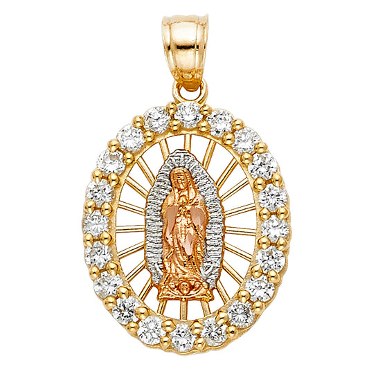 14K Tri-Color Gold Our Lady of Guadalupe Oval Halo Small Pendant with CZ Border