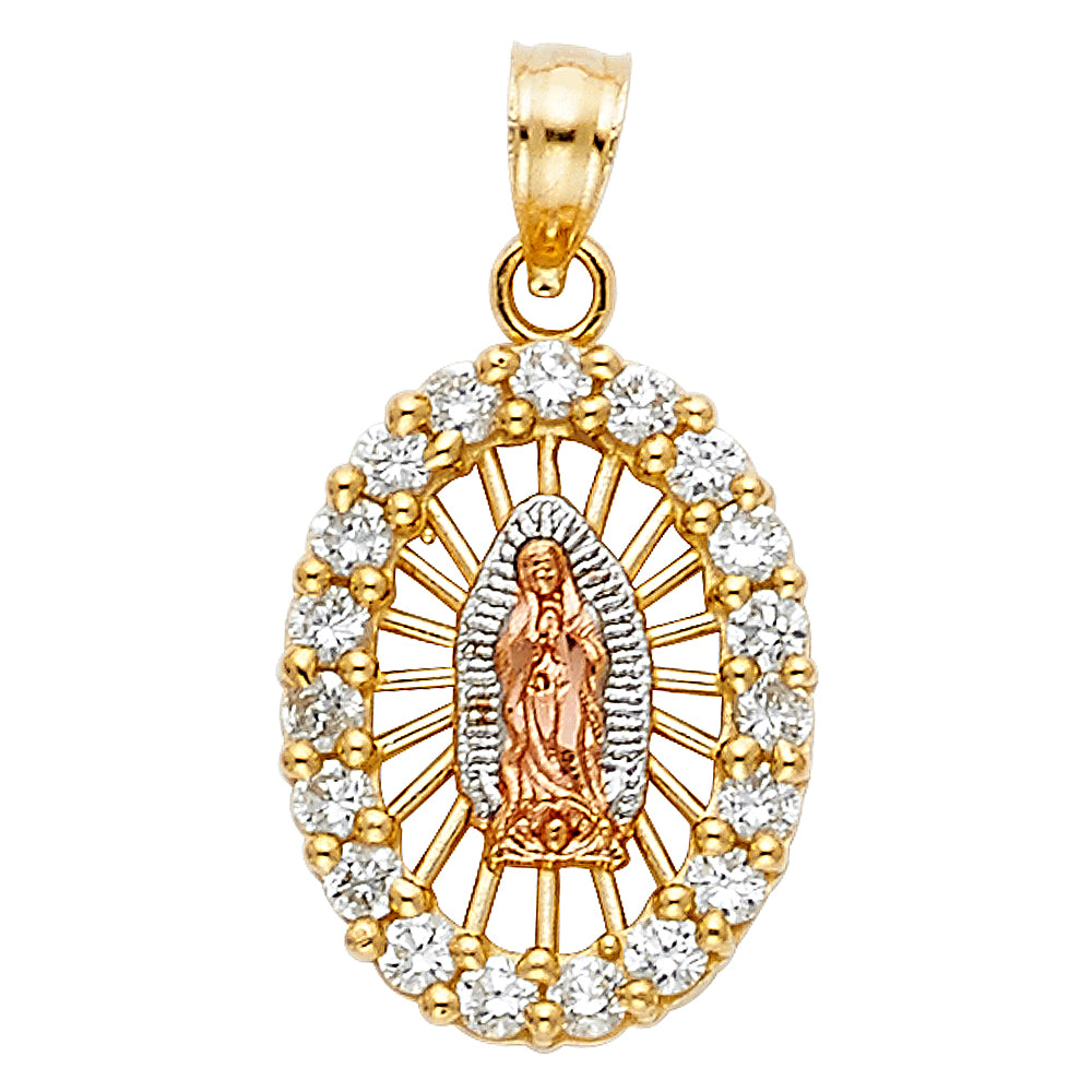 14K Tri-Color Gold Our Lady of Guadalupe Oval Halo Extra Small Pendant with CZ Border