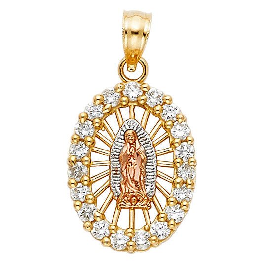 14K Tri-Color Gold Our Lady of Guadalupe Oval Halo Extra Small Pendant with CZ Border