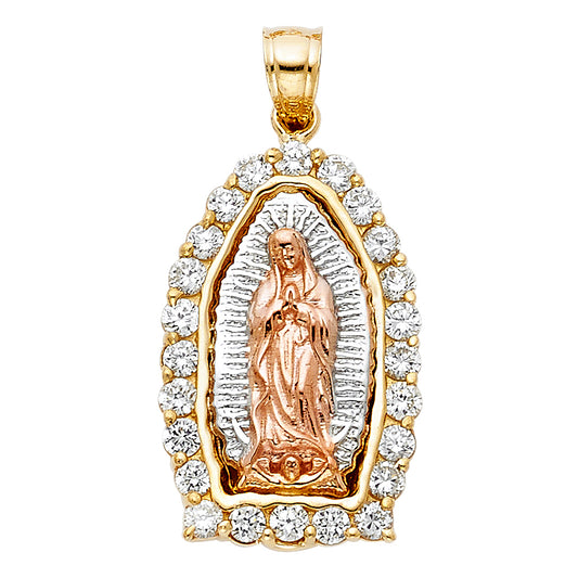 14K Tri-Color Gold Our Lady of Guadalupe Halo Small Pendant with CZ Stones