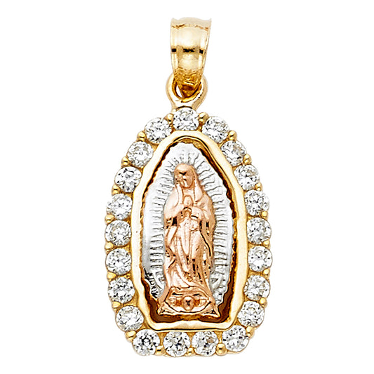 14K Tri-Color Gold Our Lady of Guadalupe Halo Extra Small Pendant with CZ Stones