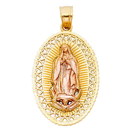 14K Two-Tone Gold  Virgen de Guadalupe Oval Heart Filigree Pendant