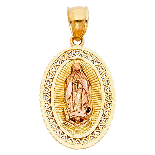 14K Two-Tone Gold  Virgen de Guadalupe Oval Heart Filigree Pendant