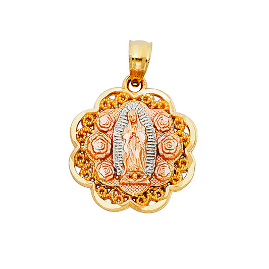 14K Tri-Color Gold Virgen de Guadalupe Floral Pendant
