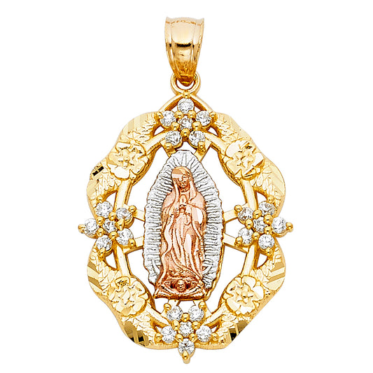 14K Tri-Color Gold Our Lady of Guadalupe Floral Frame Small Pendant with CZ Accents