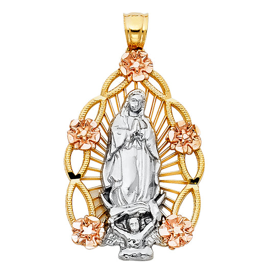 14K Tri-Color Gold Our Lady of Guadalupe Pendant with Rose Gold Flowers