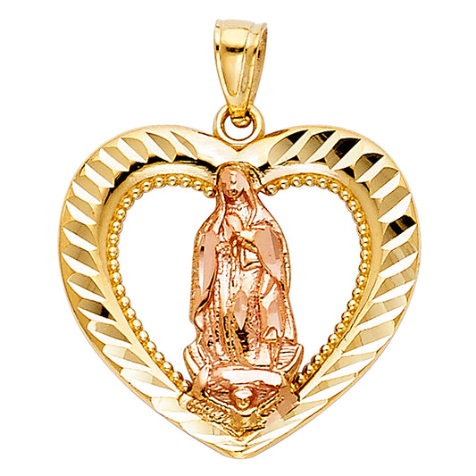 14K Two-Tone Gold  Heart Virgen de Guadalupe Medallion