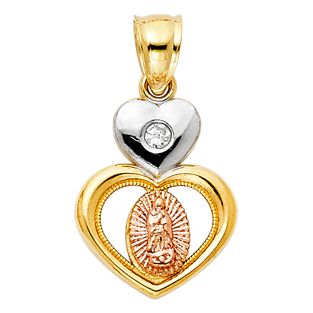 14K Tri-Color Double Heart Virgen de Guadalupe Pendant with CZ