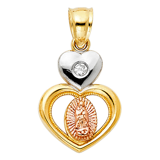 14K Tri-Color Double Heart Virgen de Guadalupe Pendant with CZ