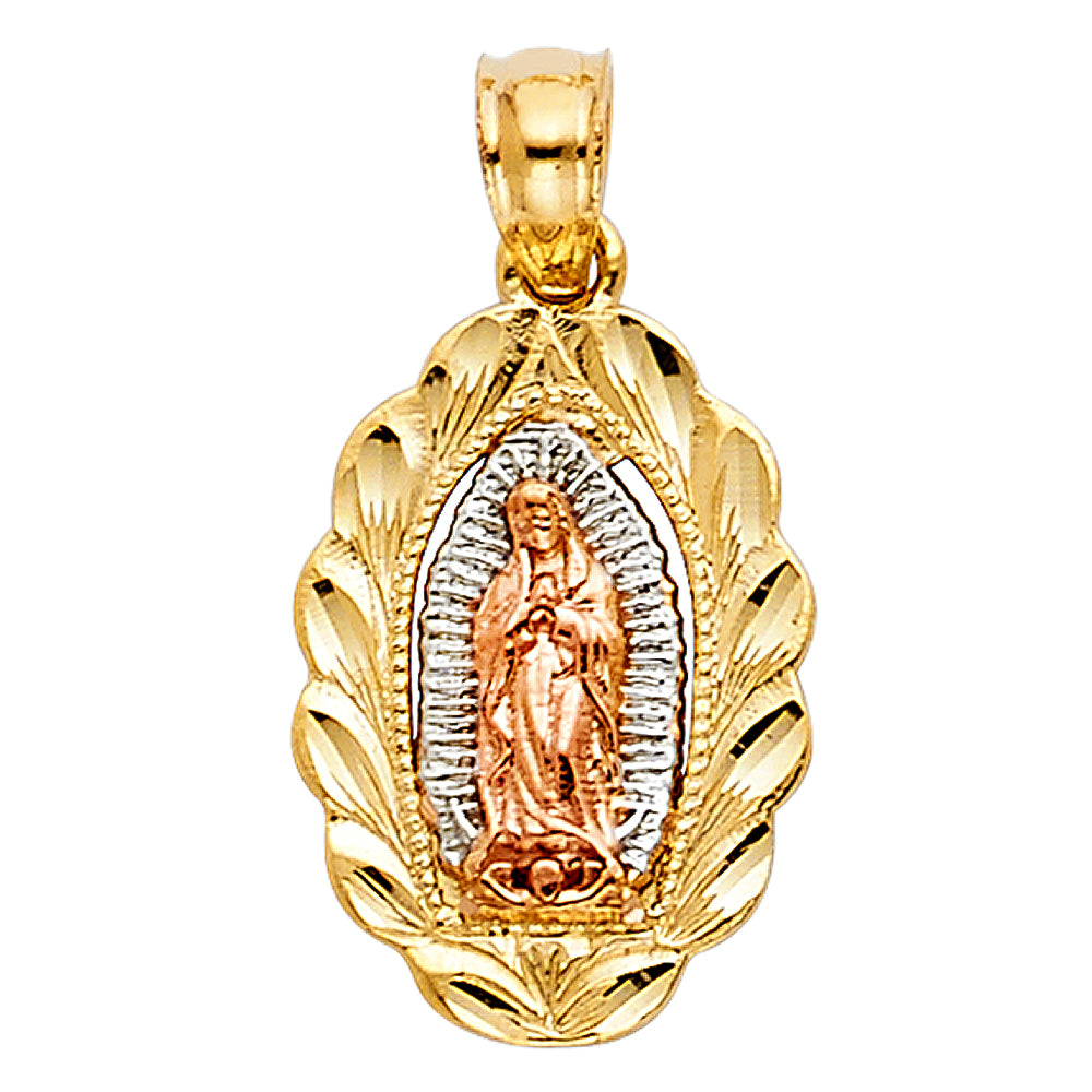 14K Tri-Color Gold Virgen de Guadalupe Pendant with Leaf Border