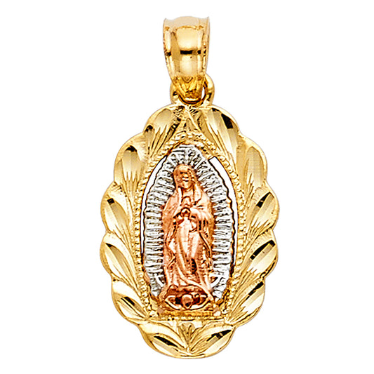 14K Tri-Color Gold Virgen de Guadalupe Pendant with Leaf Border