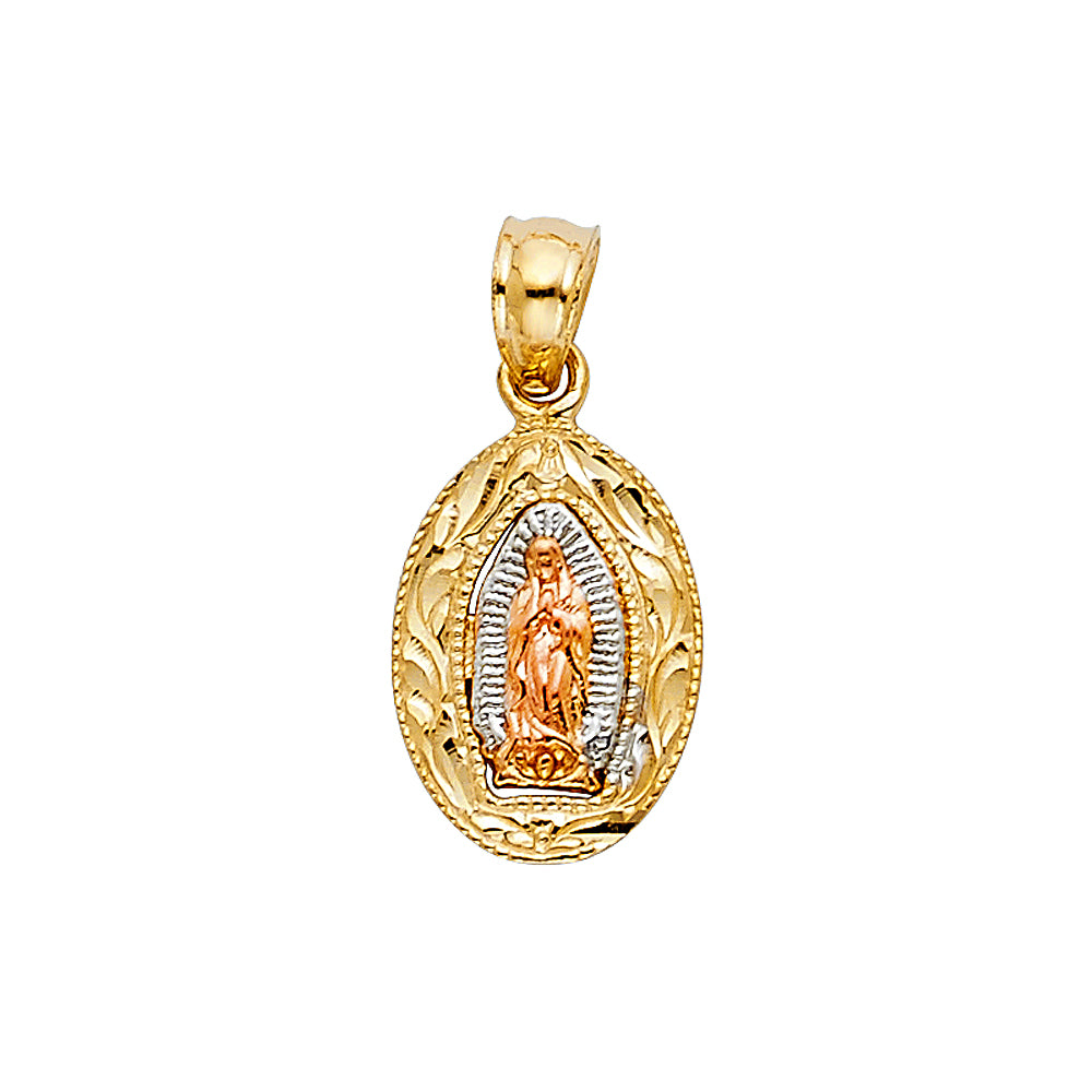 14K Tri-Color Gold Virgen de Guadalupe Oval Pendant with Engraved Border