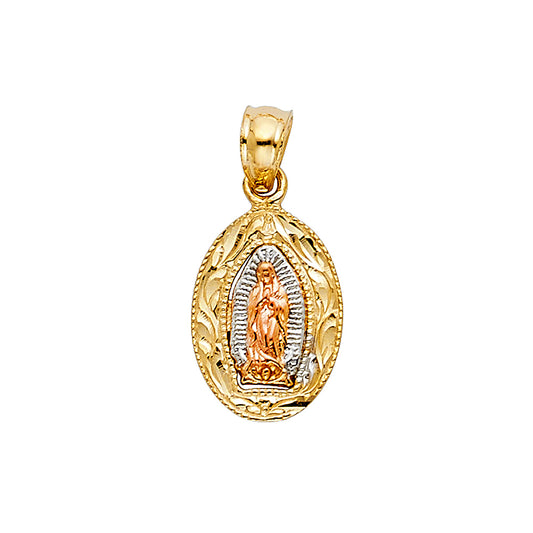14K Tri-Color Gold Virgen de Guadalupe Oval Pendant with Engraved Border
