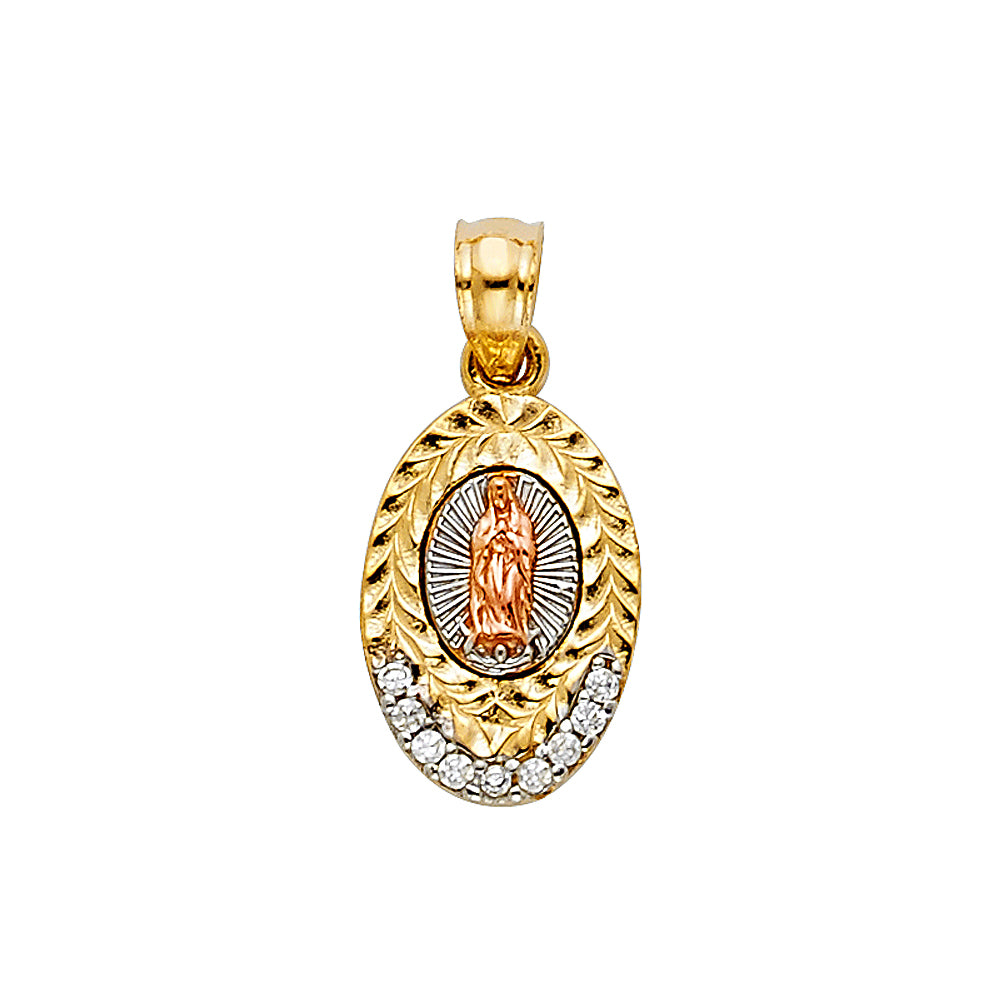 14K Tri-Color Gold Virgen de Guadalupe Oval Pendant with CZ Accents