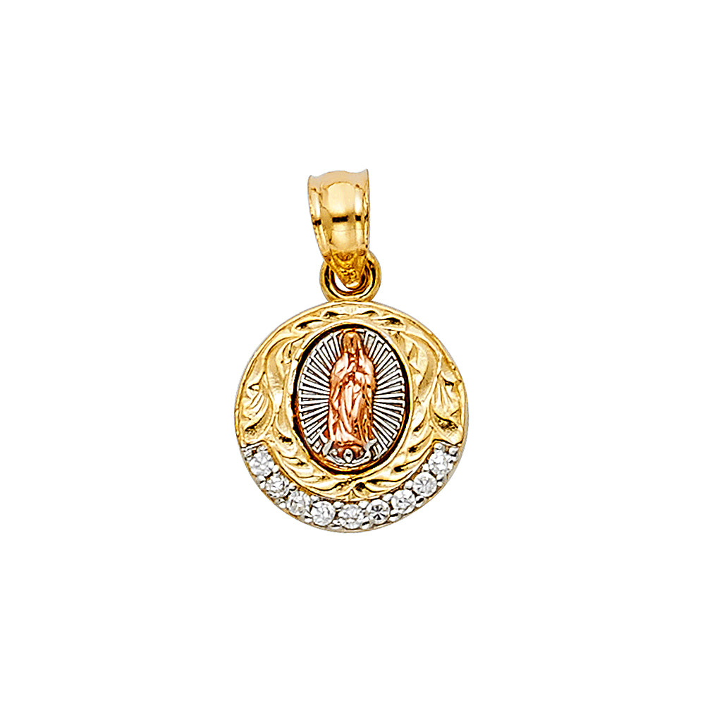 14K Tri-Color Gold Round Virgen de Guadalupe Pendant with CZ Accents