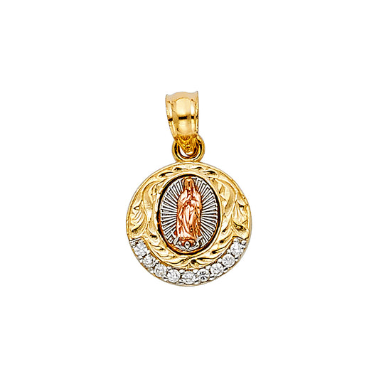 14K Tri-Color Gold Round Virgen de Guadalupe Pendant with CZ Accents