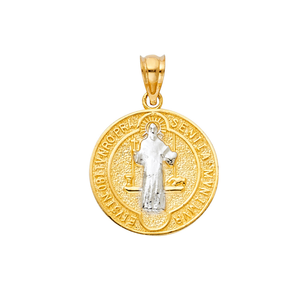 14K Two-Tone Gold Saint Benedict Round Medal Pendant aprox 1"