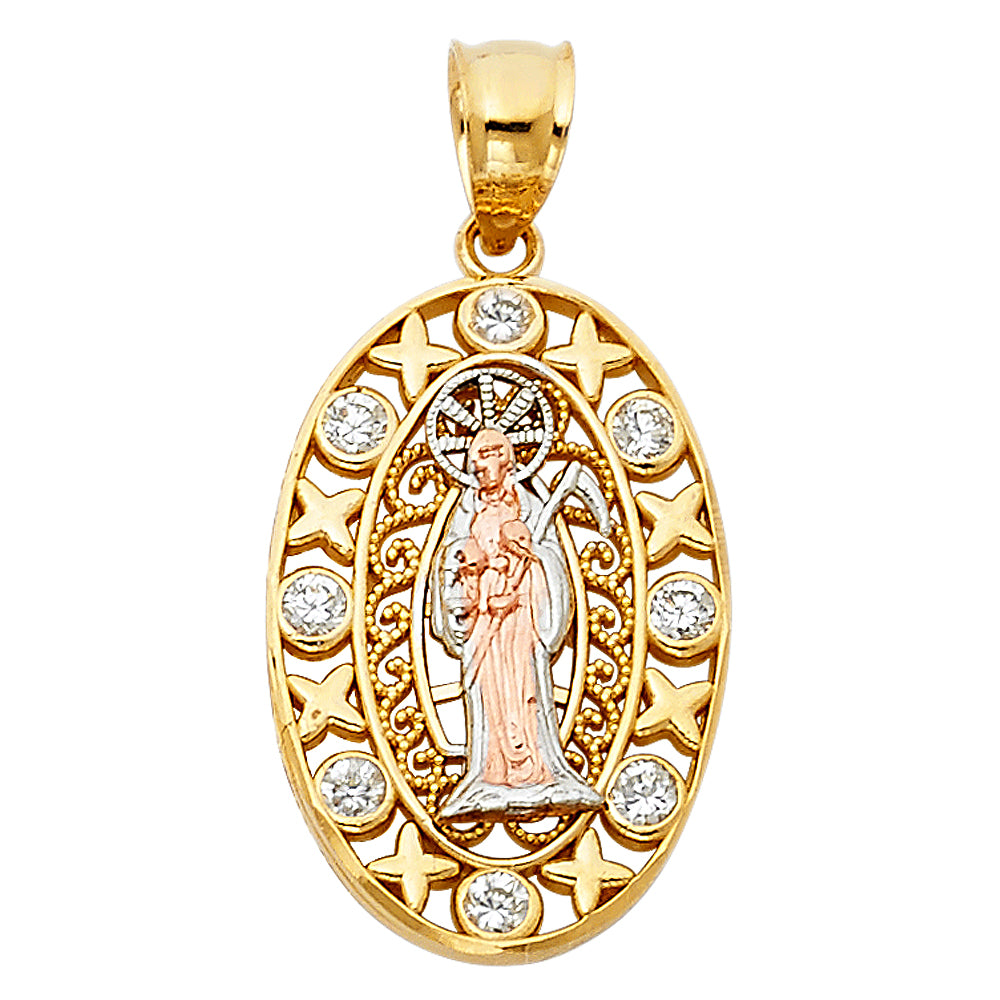14K Tri-Color Gold Santa Muerte CZ Oval Pendant