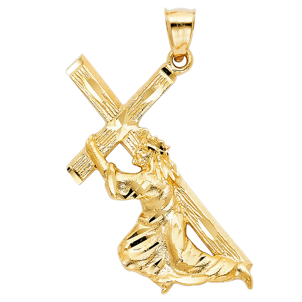 14K Yellow Gold Jesus Carrying the Cross Pendant 1.6" Tall