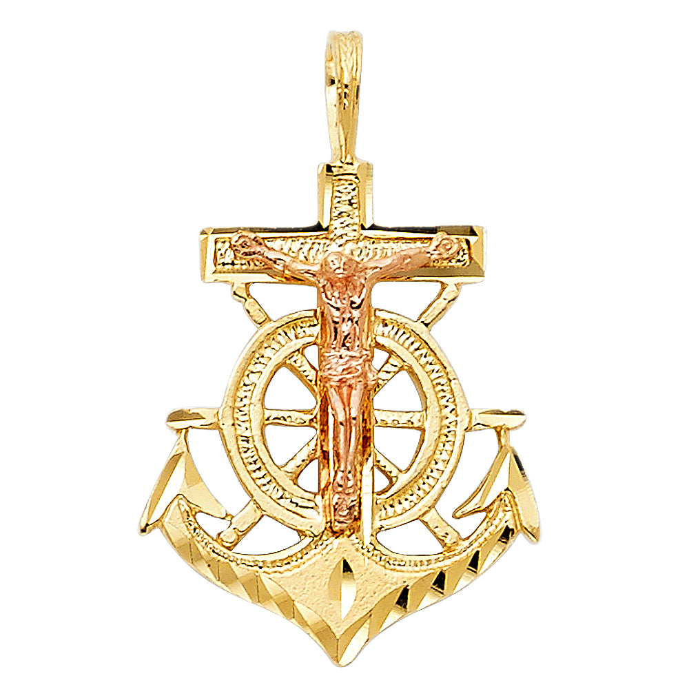 14K Two Tone Gold Anchor Crucifix Pendant 0.9" Tall