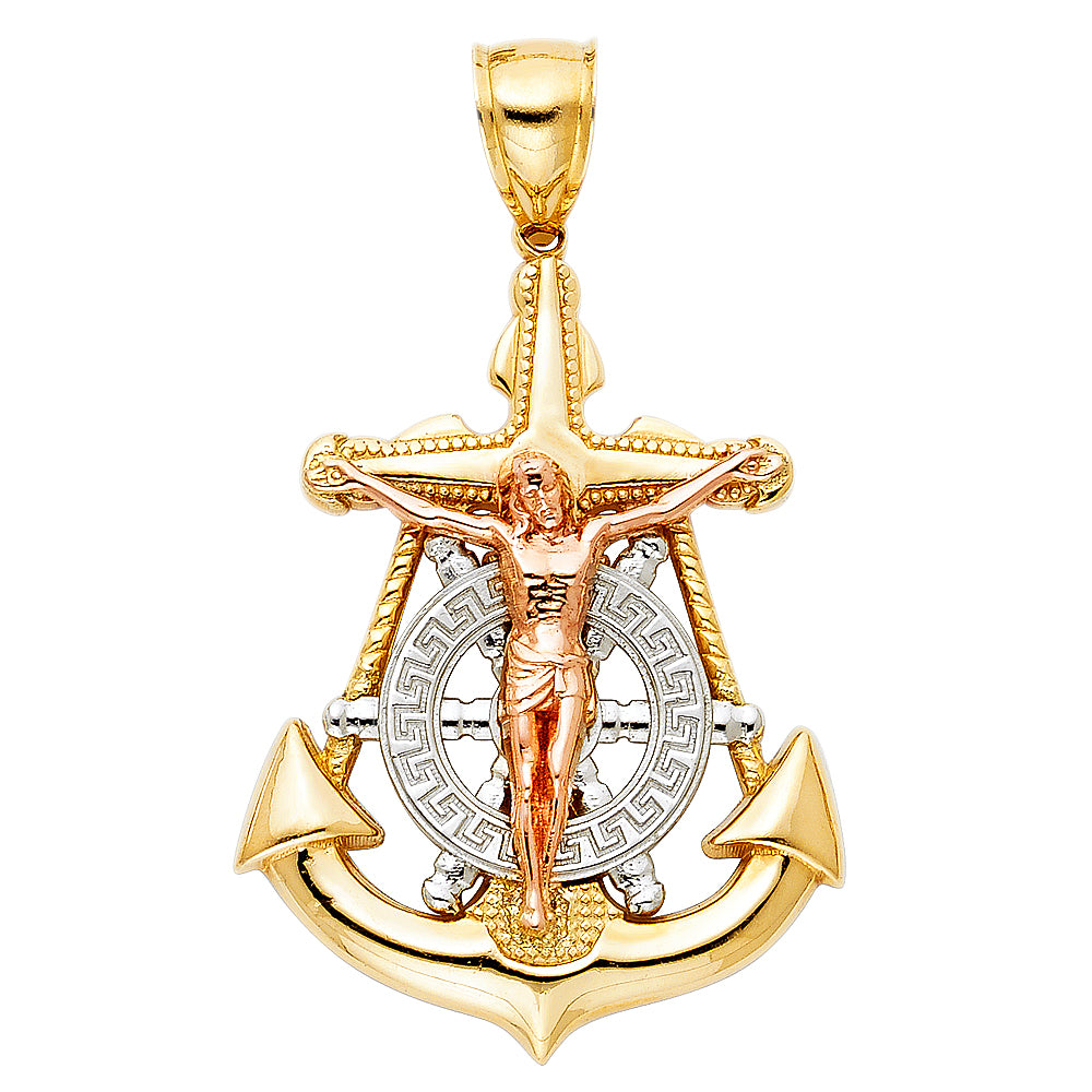 14K Tri-Color Gold Anchor Crucifix Pendant 1.7" Tall