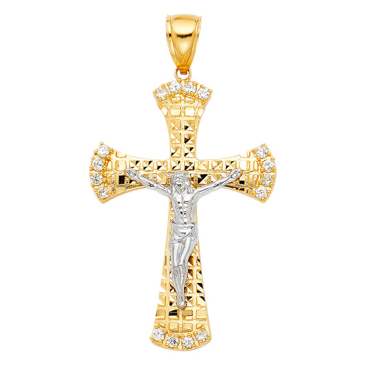 14K Two-Tone Gold Textured Crucifix Pendant with Cubic Zirconia